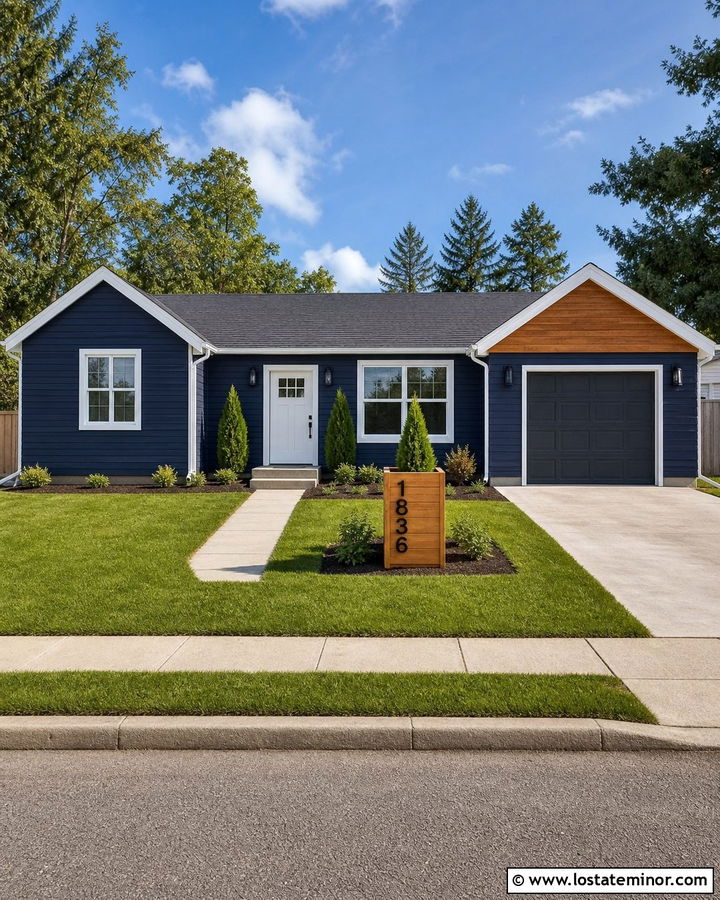 Navy Blue House With Number Plaque And Planter - 30 Navy Blue House Design With House Numbers Ideas