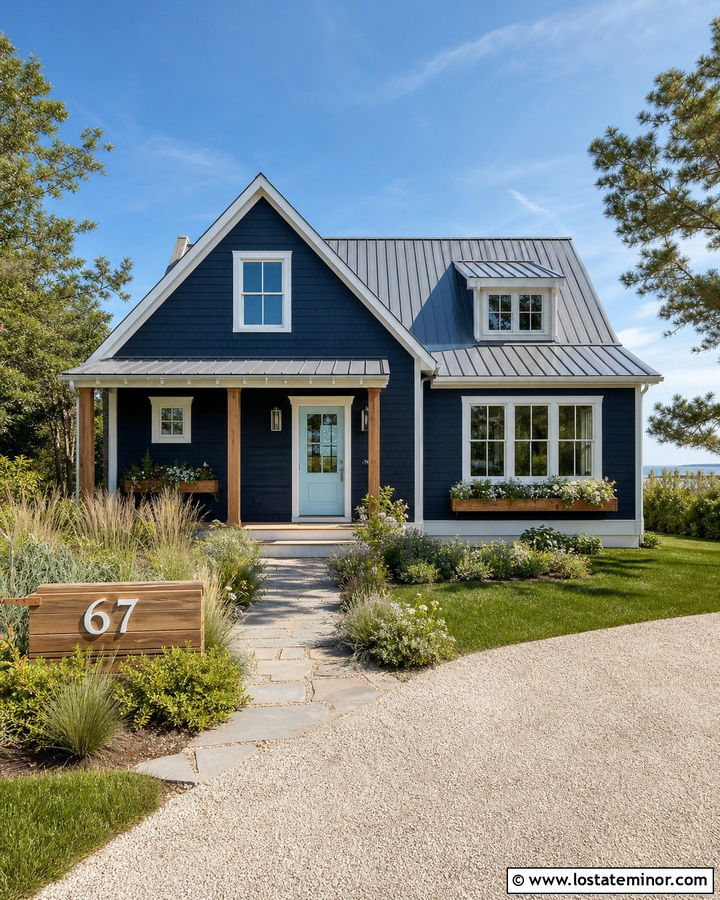 Navy Blue House With Number Sign By The Walkway - 30 Navy Blue House Design With House Numbers Ideas