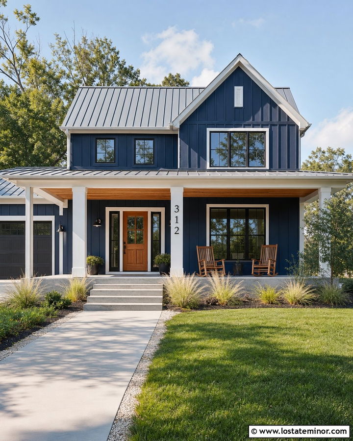 Navy Blue House With Numbers On The Porch Column - 30 Navy Blue House Design With House Numbers Ideas