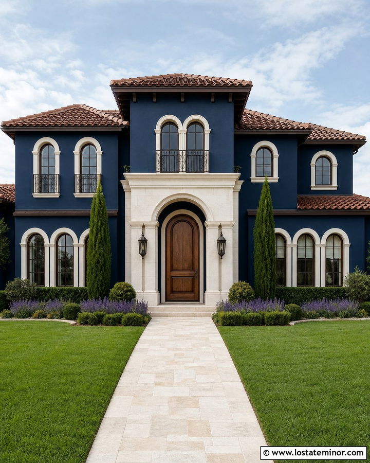 Navy Blue House With Off White Arched Windows - 30 Navy Blue House Design With Window Frames Ideas