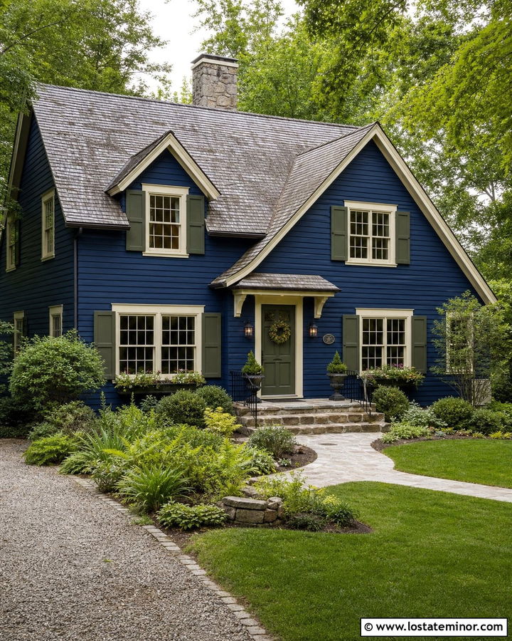 Navy Blue House With Olive Green Accents - 30 Navy Blue House Design With Trim Ideas