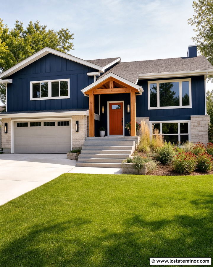 Navy Blue House With Orange Front Door - 30 Navy Blue House Design With Entry Door Ideas