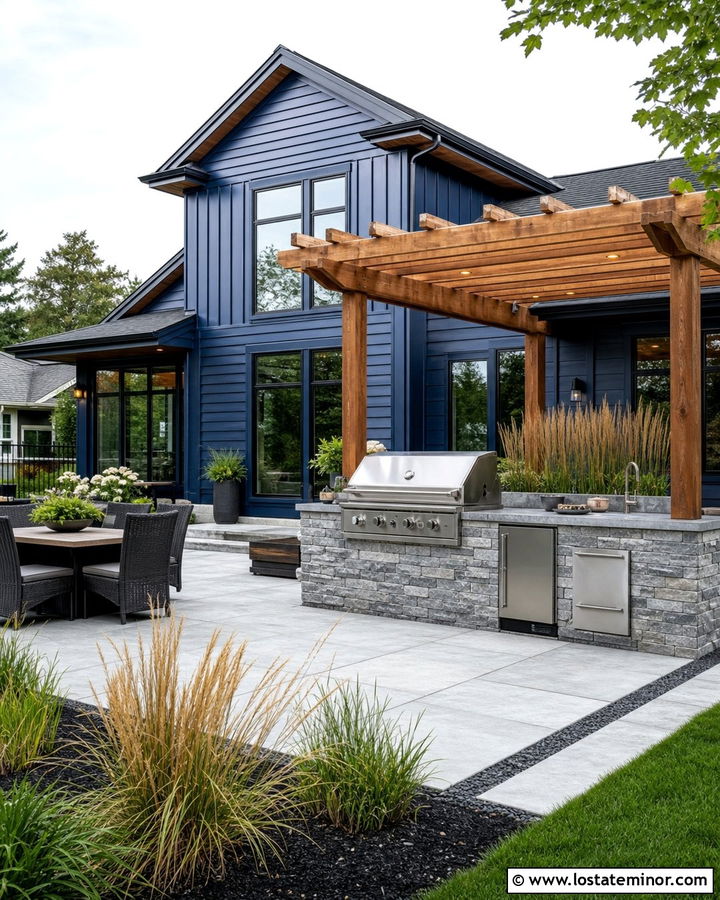 Navy Blue House With Outdoor Kitchen - 30 Navy Blue House Design With Backyard Ideas