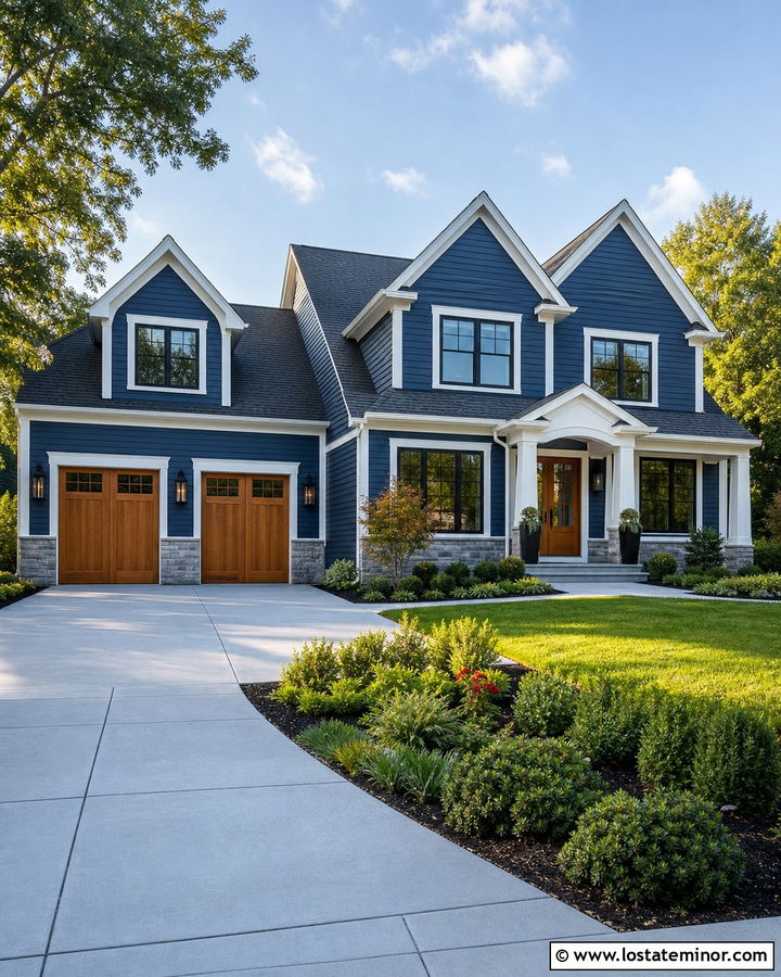 Navy Blue House With Oversized Garage Lanterns - 30 Navy Blue House Design With Light Fixtures Ideas