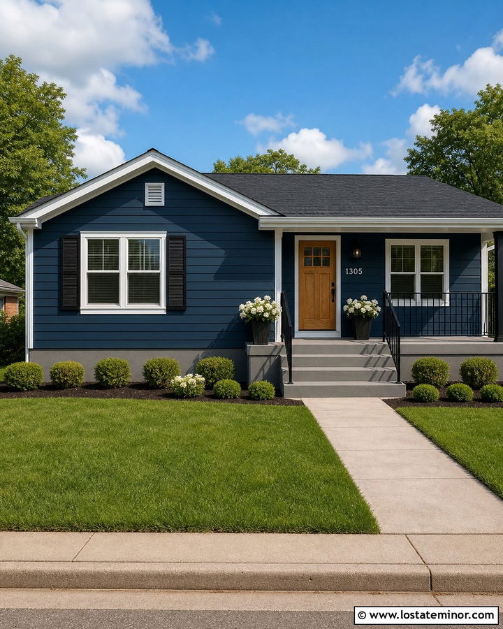 Navy Blue House With Painted Gray Steps - 30 Navy Blue House Design With Steps Ideas