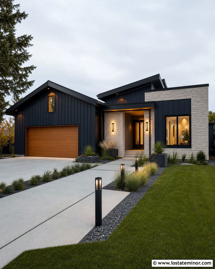 Navy Blue House With Pathway Bollard Lights - 30 Navy Blue House Design With Lighting Ideas