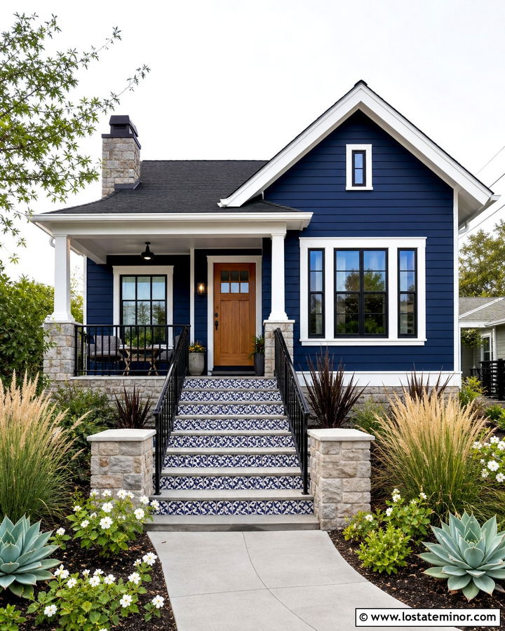 Navy Blue House With Patterned Tile Risers - 30 Navy Blue House Design With Steps Ideas