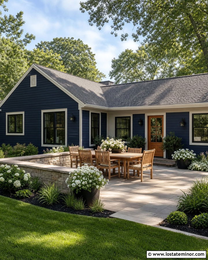 Navy Blue House With Paver Patio - 30 Navy Blue House Design With Backyard Ideas