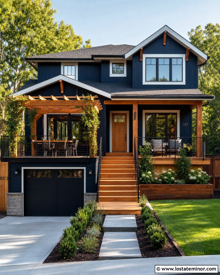 Navy Blue House With Pergola Deck - 30 Navy Blue House Design With Deck Ideas