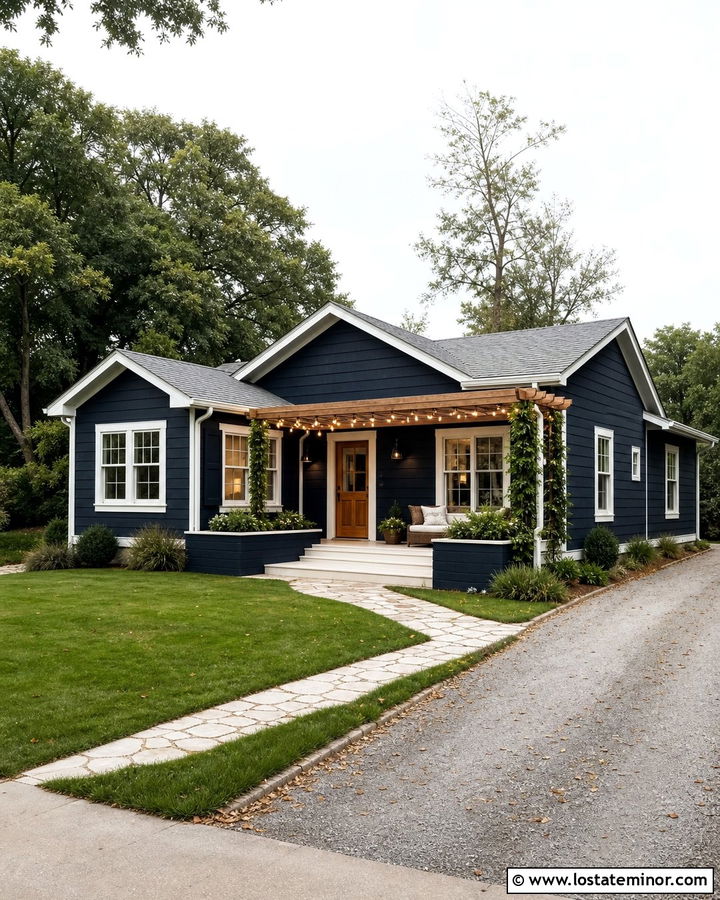 Navy Blue House With Pergola String Lighting - 30 Navy Blue House Design With Lighting Ideas