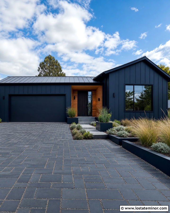 Navy Blue House With Permeable Paver Driveway - 30 Navy Blue House Design With Driveway Ideas