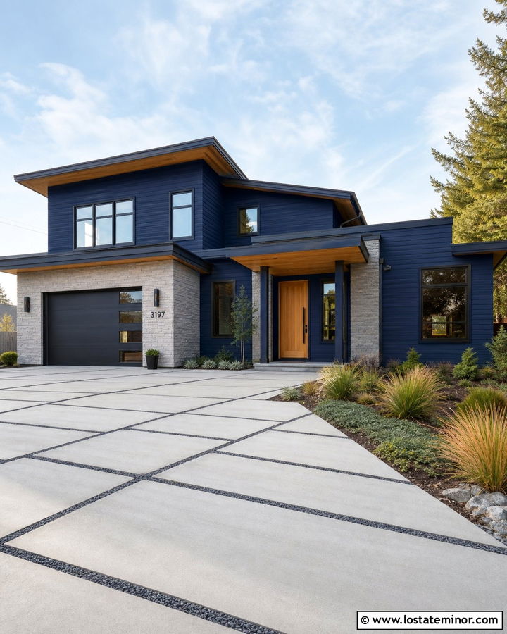 Navy Blue House With Permeable Paver Walkway - 30 Navy Blue House Design With Walkway Ideas
