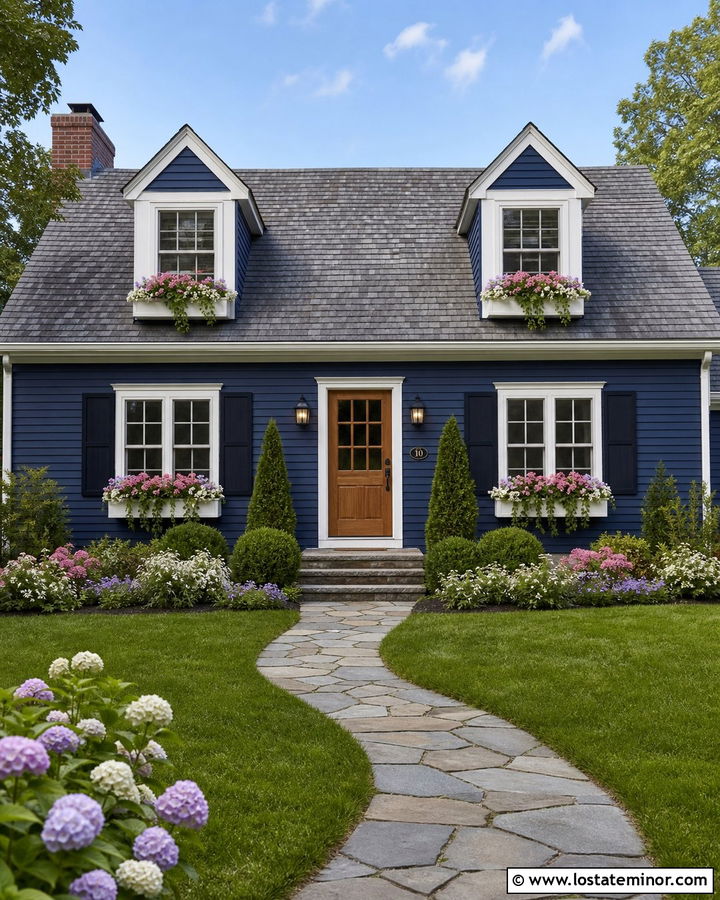 Navy Blue House With Pink Flower Window Boxes - 30 Navy Blue House Design With Window Boxes Ideas