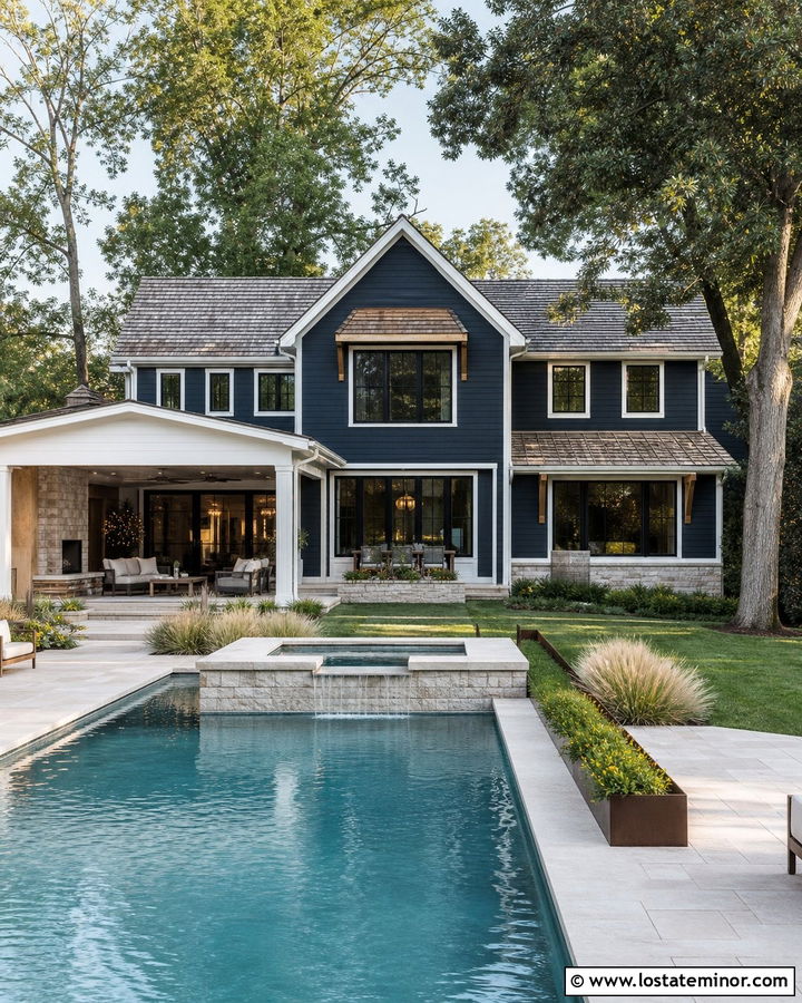 Navy Blue House With Pool And Spa - 30 Navy Blue House Design With Swimming Pool Ideas