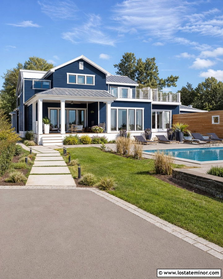 Navy Blue House With Pool Deck - 30 Navy Blue House Design With Deck Ideas