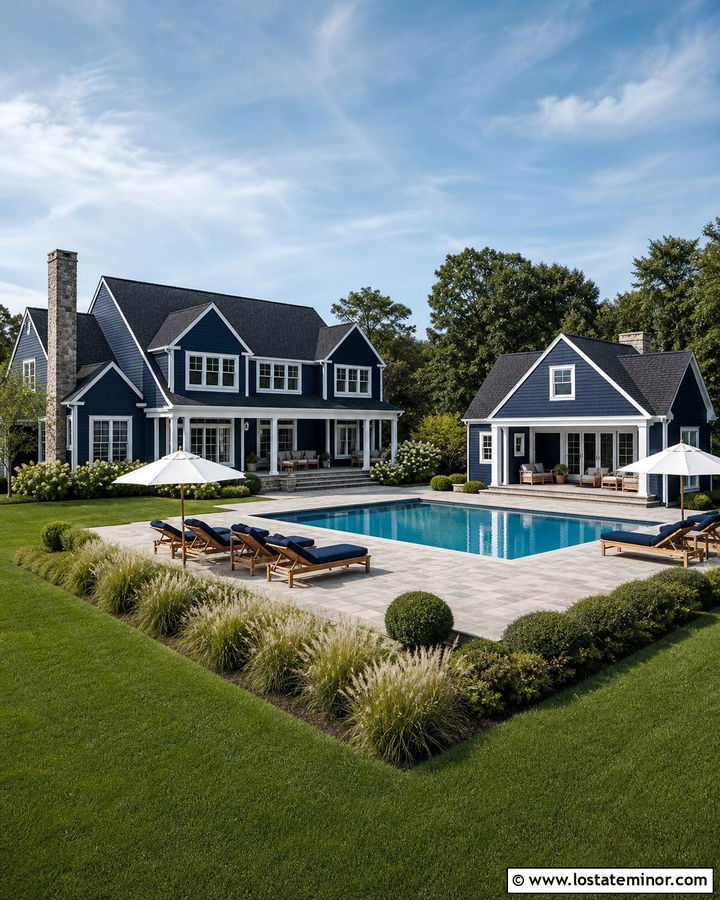 Navy Blue House With Pool House - 30 Navy Blue House Design With Backyard Ideas