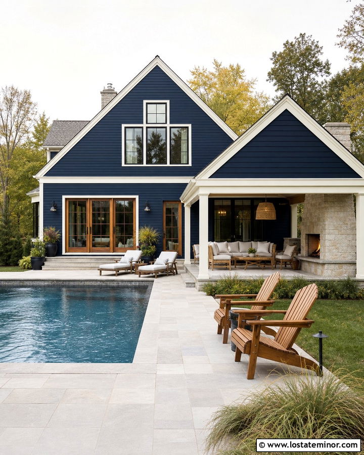 Navy Blue House With Poolside Fireplace - 30 Navy Blue House Design With Swimming Pool Ideas