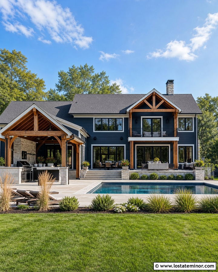 Navy Blue House With Poolside Outdoor Kitchen - 30 Navy Blue House Design With Swimming Pool Ideas