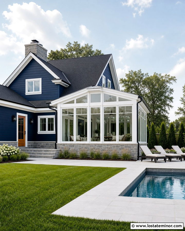 Navy Blue House With Poolside Sunroom - 30 Navy Blue House Design With Sunroom Ideas