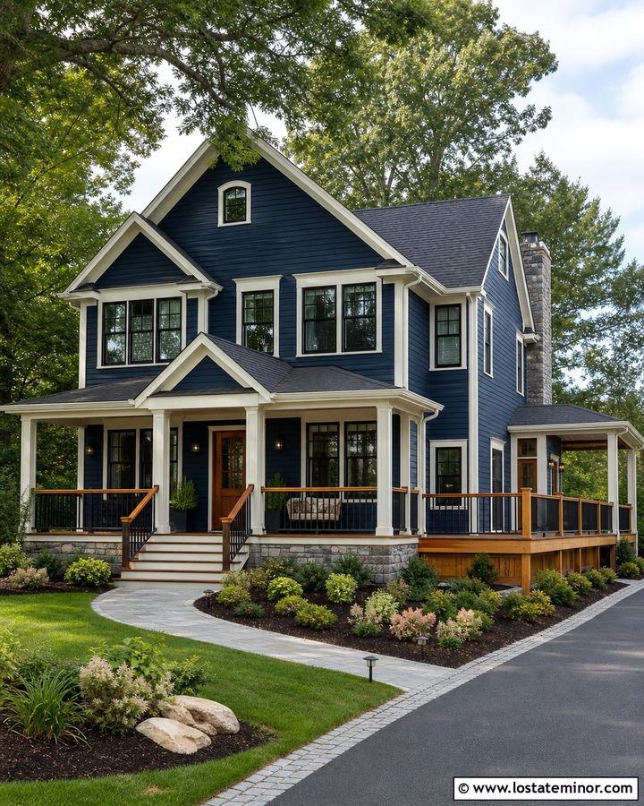 Navy Blue House With Porch And Deck Railings - 30 Navy Blue House Design With Railings Ideas