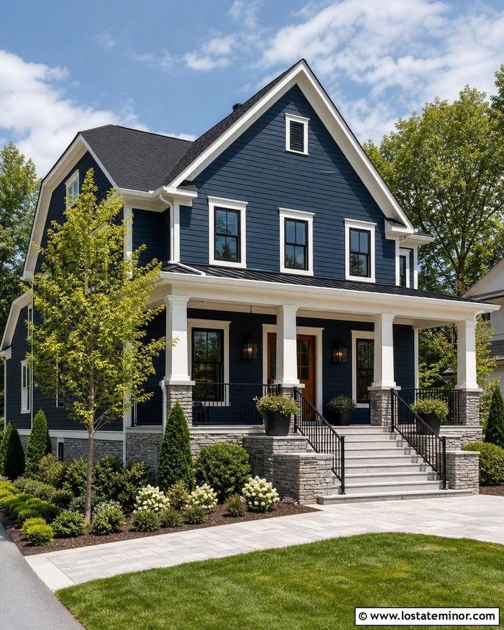 Navy Blue House With Porch Landing Steps - 30 Navy Blue House Design With Steps Ideas