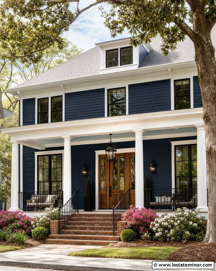 Navy Blue House With Porch Pendant Lights - 30 Navy Blue House Design With Light Fixtures Ideas