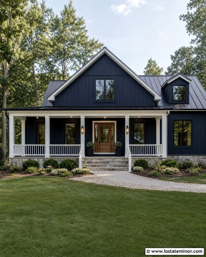 Navy Blue House With Porch Post Lanterns - 30 Navy Blue House Design With Lighting Ideas
