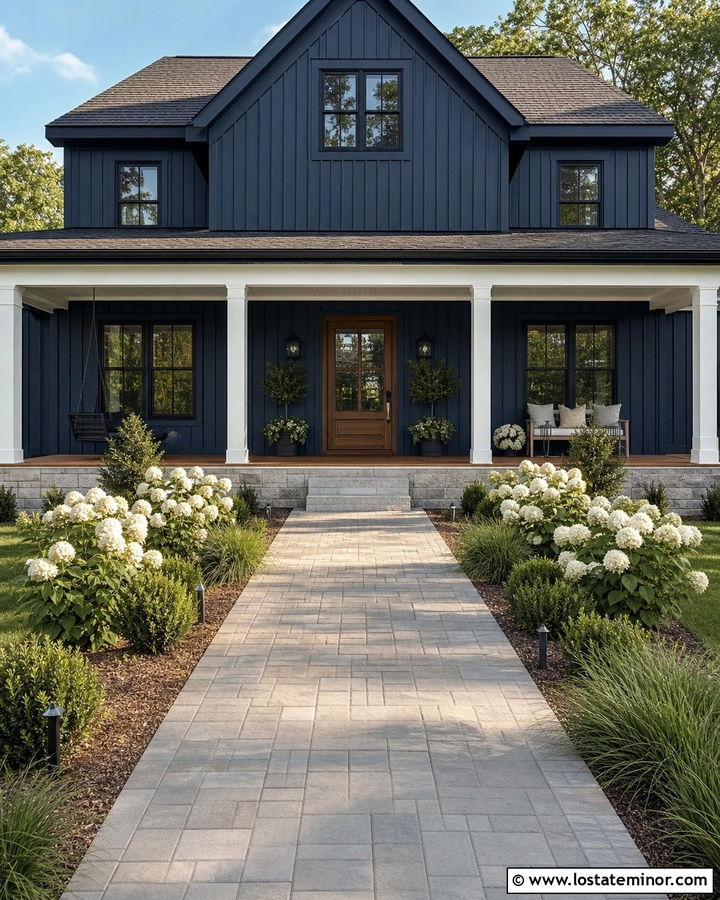 Navy Blue House With Porch Walkway - 30 Navy Blue House Design With Walkway Ideas