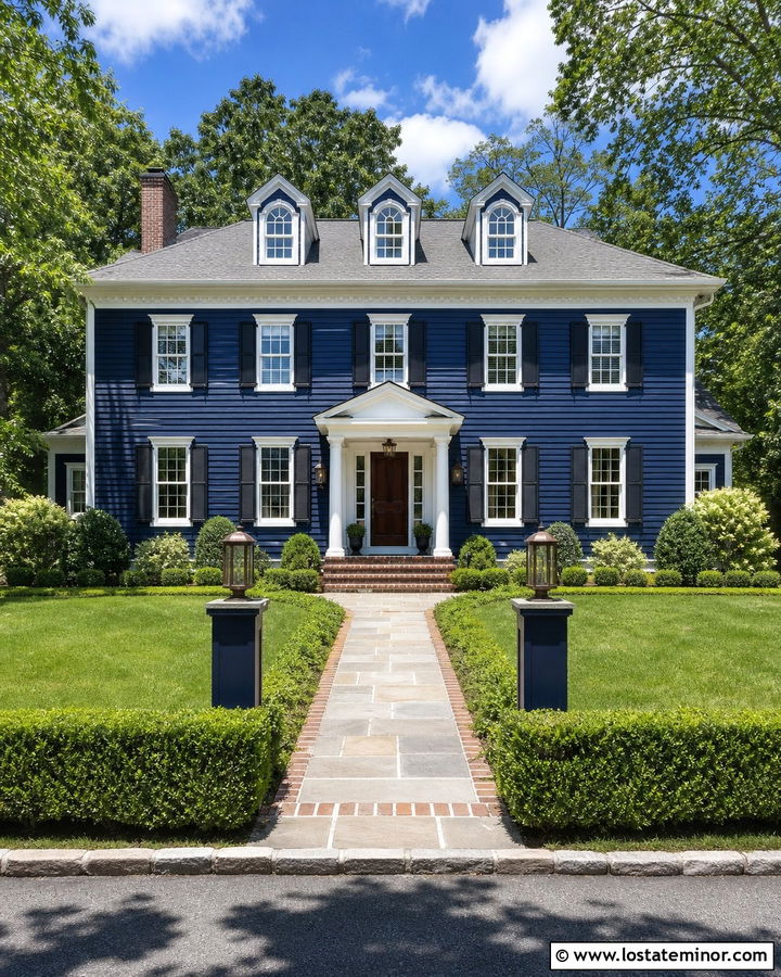 Navy Blue House With Post Lanterns - 30 Navy Blue House Design With Light Fixtures Ideas