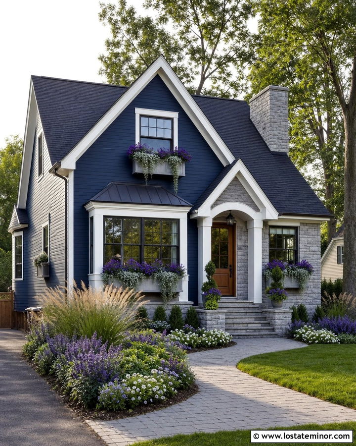 Navy Blue House With Purple Window Box Flowers - 30 Navy Blue House Design With Window Boxes Ideas