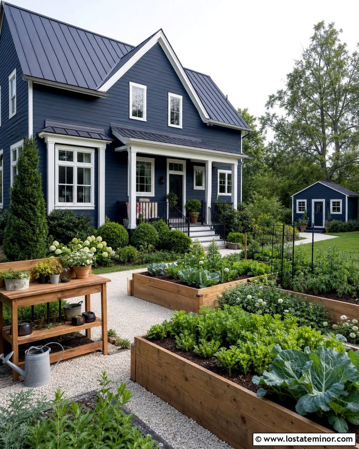 Navy Blue House With Raised Garden Beds - 30 Navy Blue House Design With Backyard Ideas