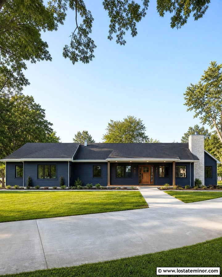 Navy Blue House With Recessed Porch Lighting - 30 Navy Blue House Design With Lighting Ideas
