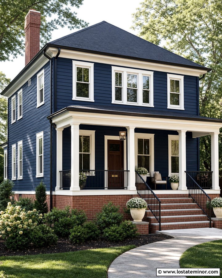 Navy Blue House With Red Brick Accents - 30 Navy Blue House Design With Front Porch Ideas