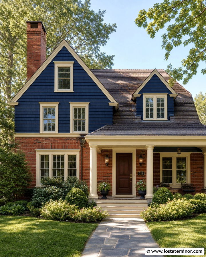 Navy Blue House With Red Brick And Cream Trim - 30 Navy Blue House Design With Accents Ideas