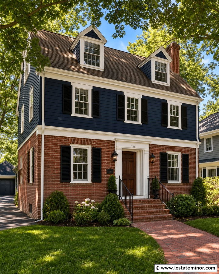 Navy Blue House With Red Brick And Iron Railings - 30 Navy Blue House Design With Railings Ideas