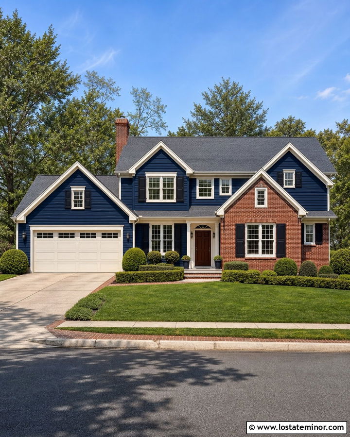 Navy Blue House With Red Brick And White Garage - 30 Navy Blue House Design With Garage Door Ideas