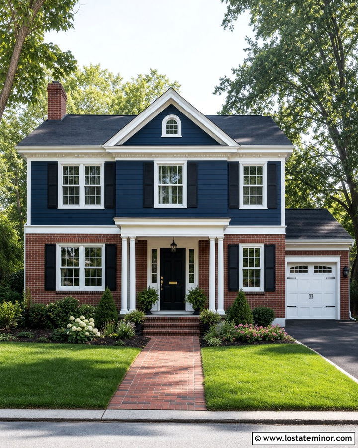 Navy Blue House With Red Brick And White Trim - 30 Navy Blue House Design With Trim Ideas