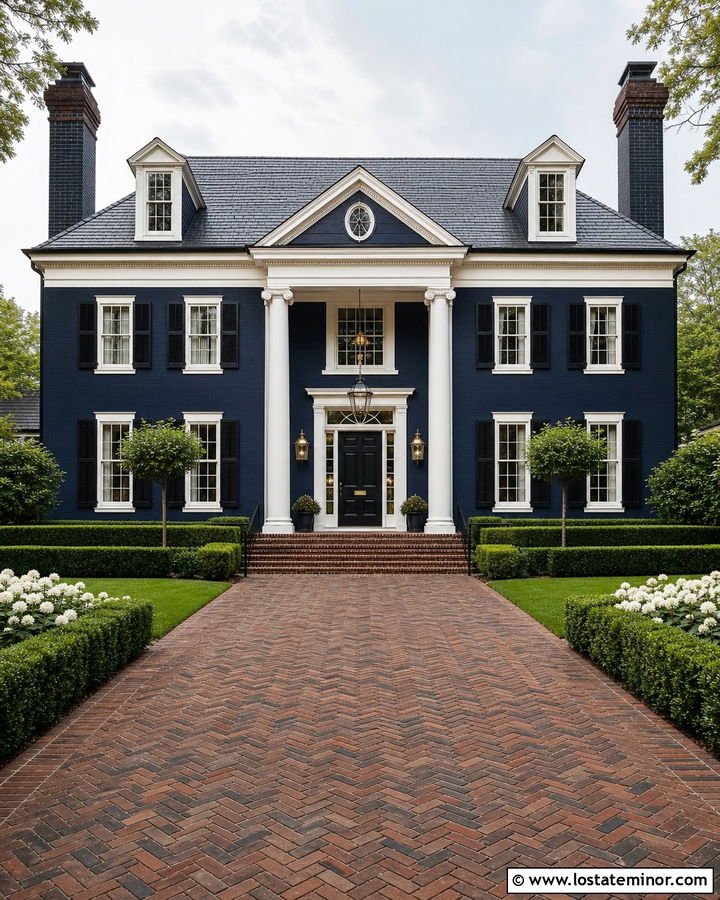 Navy Blue House With Red Brick Driveway - 30 Navy Blue House Design With Driveway Ideas