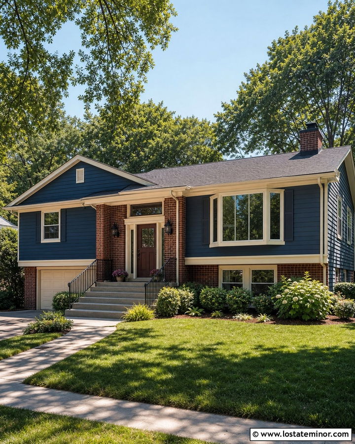 Navy Blue House With Red Brick Entry - 30 Navy Blue House Design With Entry Door Ideas