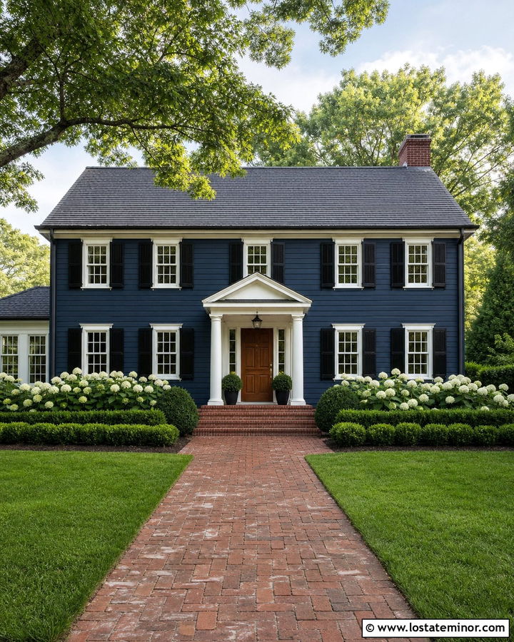 Navy Blue House With Red Brick Walkway - 30 Navy Blue House Design With Walkway Ideas