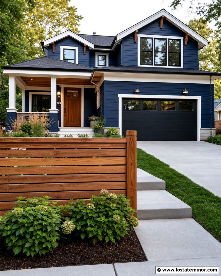 Navy Blue House With Red Cedar Fence - 30 Navy Blue House Design With Fence Ideas