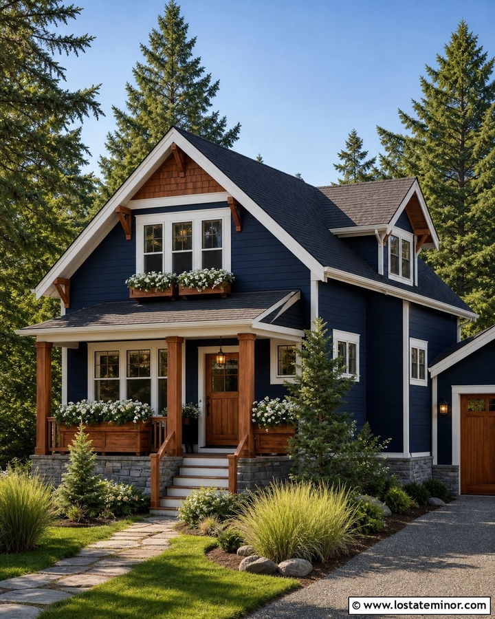 Navy Blue House With Red Cedar Window Boxes - 30 Navy Blue House Design With Window Boxes Ideas
