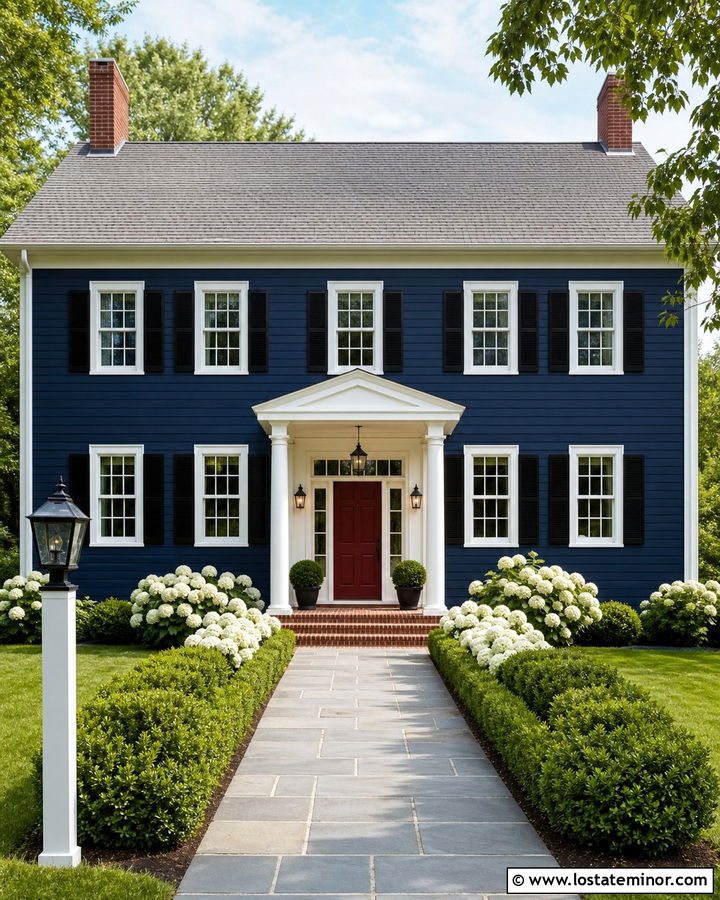 Navy Blue House With Red Door And Black Lights - 30 Navy Blue House Design With Light Fixtures Ideas