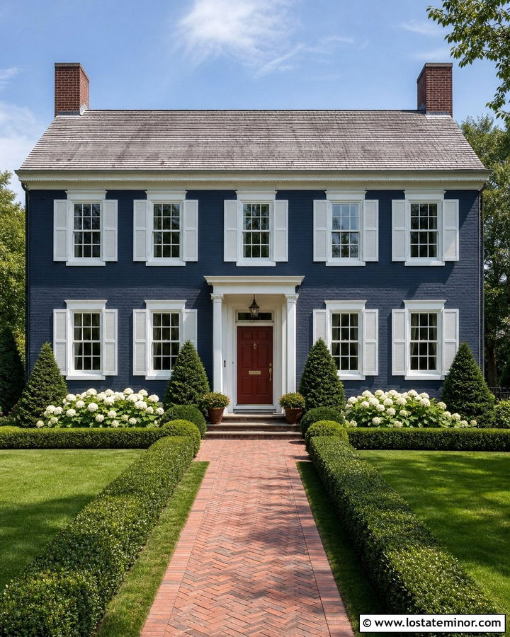 Navy Blue House With Red Door And Clipped Hedges - 30 Navy Blue House Design With Landscaping Ideas