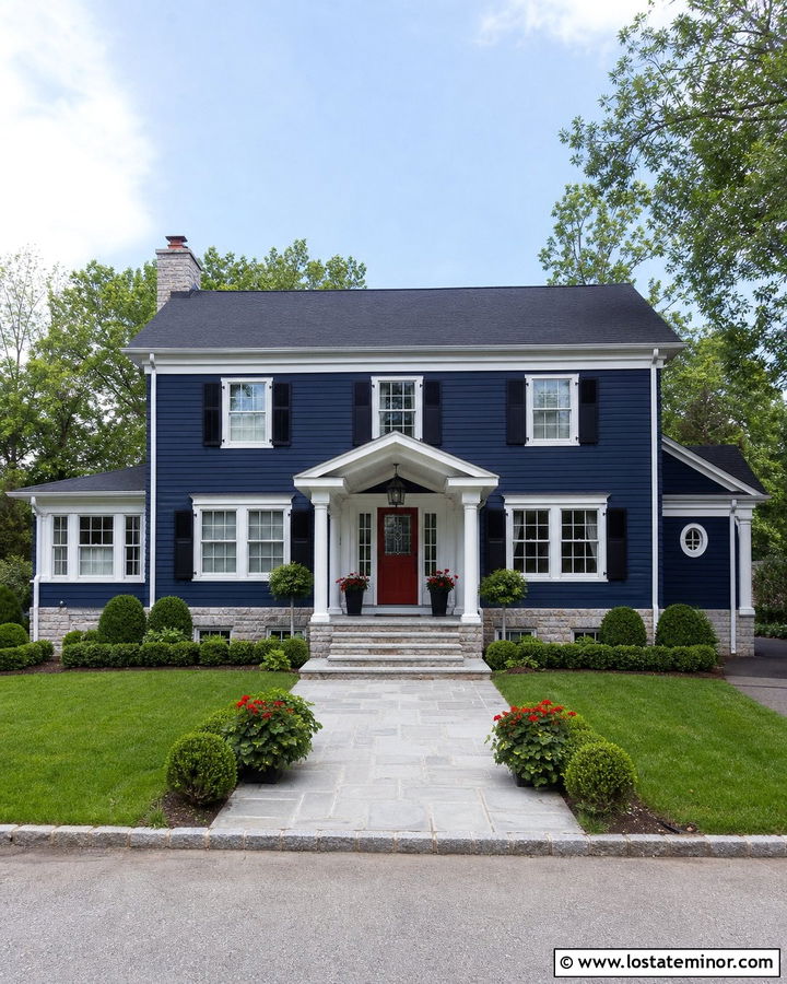 Navy Blue House With Red Door And Stone Base - 30 Navy Blue House Design With Stone Accents Ideas