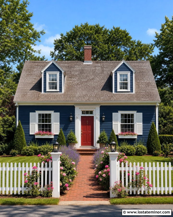 Navy Blue House With Red Door And White Picket Fence - 30 Navy Blue House Design With Front Yard Ideas