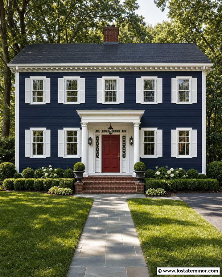 Navy Blue House With Red Door And White Trim - 30 Navy Blue House Design With Trim Ideas