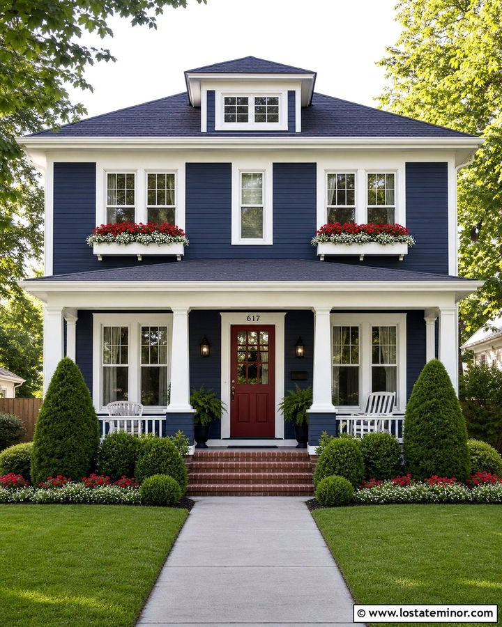 Navy Blue House With Red Flower Window Boxes - 30 Navy Blue House Design With Window Boxes Ideas