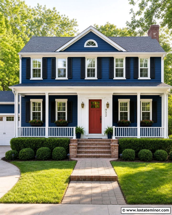 Navy Blue House With Red Front Door And House Numbers - 30 Navy Blue House Design With House Numbers Ideas