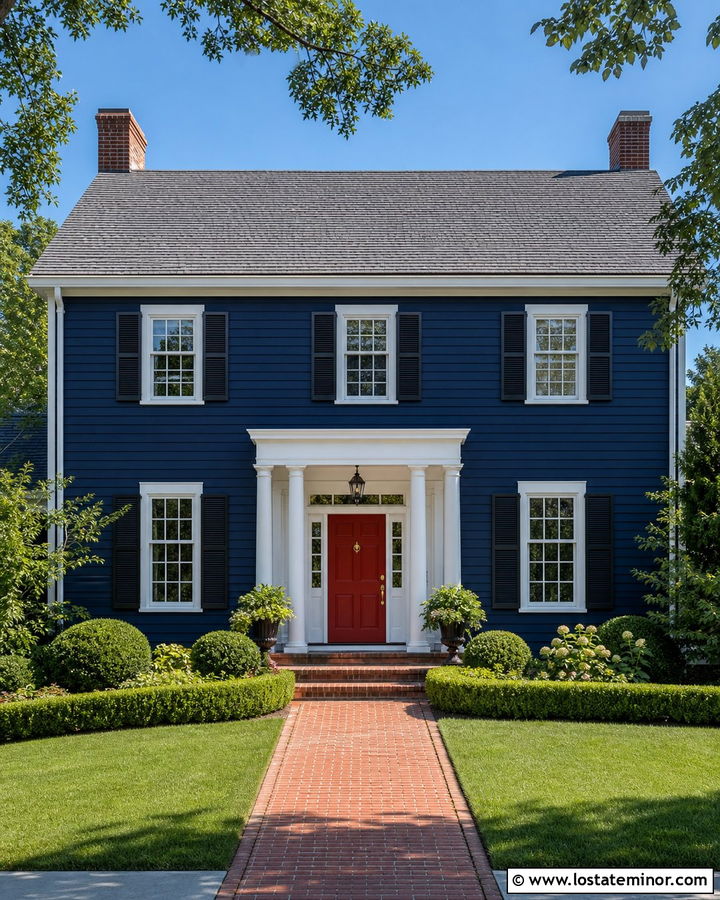 Navy Blue House With Red Front Door And White Trim - 30 Navy Blue House Design With Accents Ideas